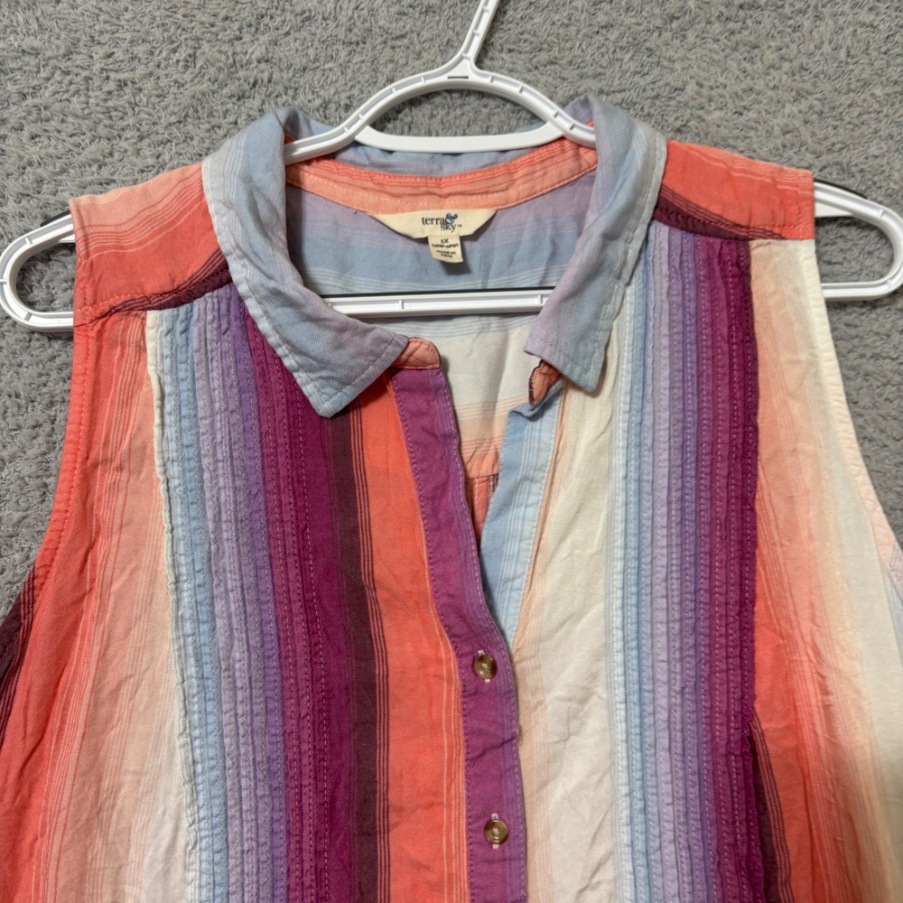 Sleeveless Button Front Swing Tank Collared Relaxed Lightweight Striped 1X - Picture 3 of 8